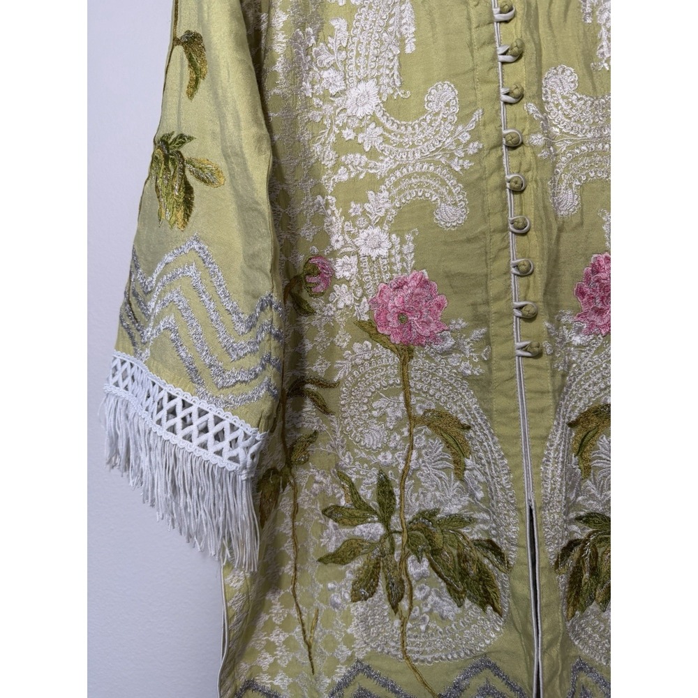 Sana Safinaz Cotton Kurta Medium Green Embroidered Fringe Floral Tassel Tunic - Picture 2 of 11